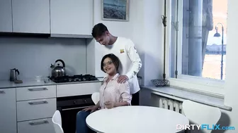 Sexy Brunette Bent Over A Kitchen Table And Fucked Until He Pulls Out And Cum On Her Face!