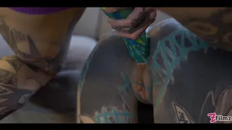 Anuskatzz Has Another Babe Covered In Tattoos Working Her Sex Holes With A Strap On!